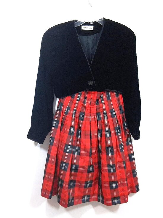Vintage Dresses & Skirts - Vintage Black Velvet Silk Dress Set Size 10, Fits Like a Sz M 8 Black Red Plaid